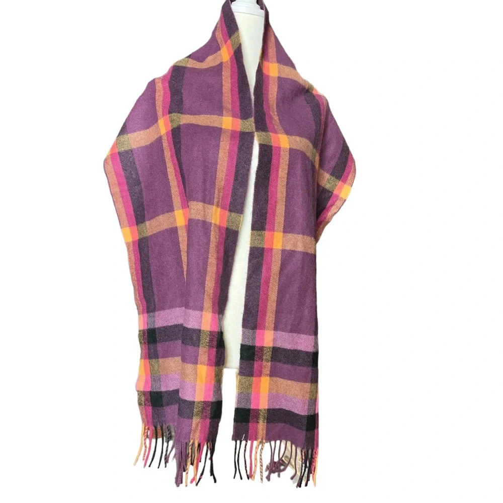 Cashmere-Feel Plaid Fringe Scarf - Cozy Blanket Wrap